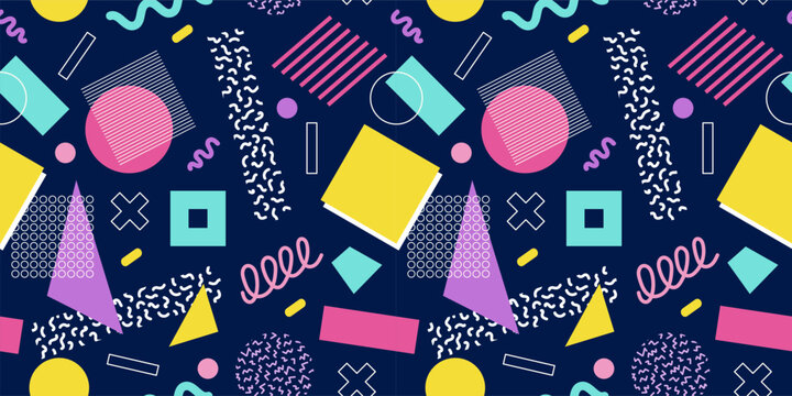 Abstract seamless pattern 80s 90s with geometric shapes in the Memphis style. Vector retro hipster print