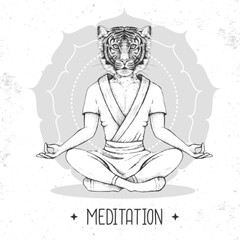 Hand drawing hipster animal tiger meditating in lotus position on mandala background. Vector illustration