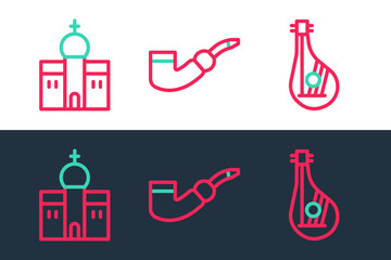 Set line Bandura, Church building and Smoking pipe icon. Vector