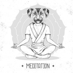 Hand drawing hipster animal dog meditating in lotus position on mandala background. Vector illustration