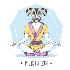 Hand drawing hipster animal dog meditating in lotus position on mandala background. Vector illustration