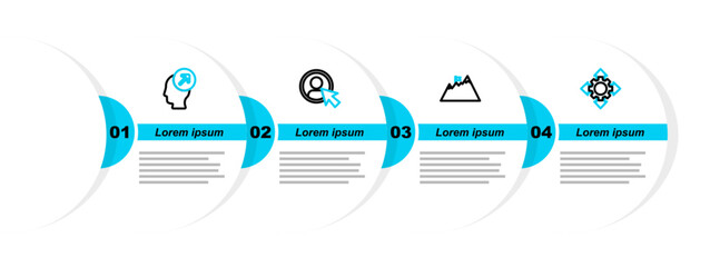Set line Project team base, Mountains with flag, Create account screen and Head hunting concept icon. Vector