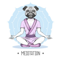 Hand drawing hipster animal dog meditating in lotus position on mandala background. Vector illustration