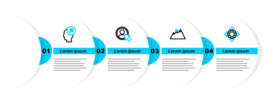 Set line Project team base, Mountains with flag, Create account screen and Head hunting concept icon. Vector
