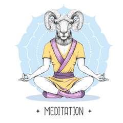 Hand drawing hipster animal ram or mouflon meditating in lotus position on mandala background. Vector illustration