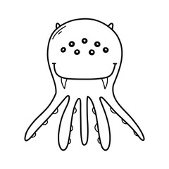 Cute monster in doodle style. Linear baby monster. Coloring book for children. Vector illustration. Isolated mascot.