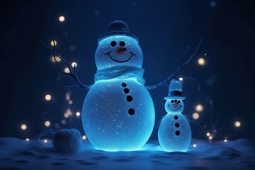 Obraz premium A magic festive snowman family covered in glowing lights, in a winter scene