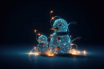 A magic festive snowman family covered in glowing lights, in a winter scene