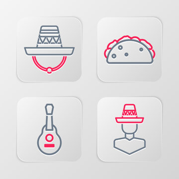 Set line Mexican man sombrero, guitar, Taco with tortilla and icon. Vector