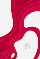 Abstract paper cut geometric topography banner, red bloody liquid texture gradient. Papercut decoration background, pattern with wavy layers. Paper topography relief vector illustration