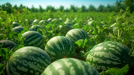 Mature big watermelons in the watermelon field, background blurry. Generative AI - obrazy, fototapety, plakaty