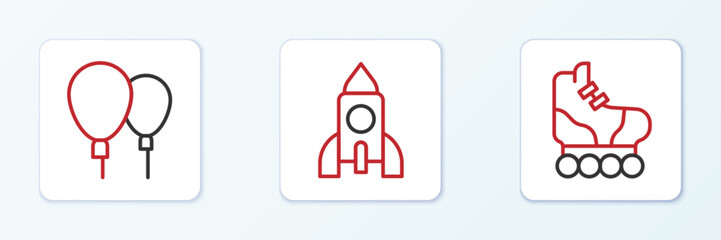 Set line Roller skate, Balloons and Rocket ship toy icon. Vector