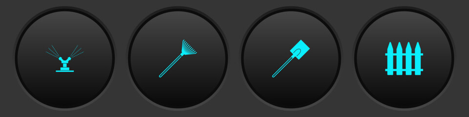 Set Automatic irrigation sprinklers, Garden rake for leaves, shovel and fence icon. Vector