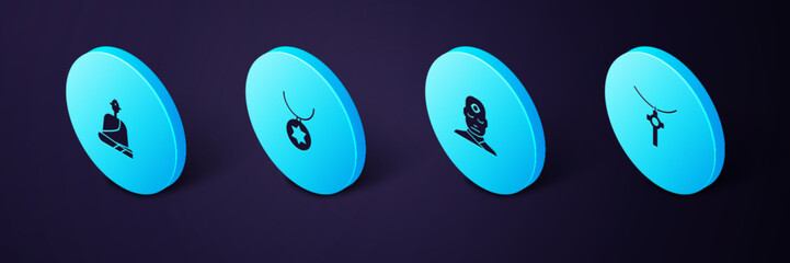 Set Isometric Christian cross on chain, Man with third eye, Star of David necklace and Buddhist monk icon. Vector