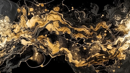 Obraz na płótnie Canvas Abstract black and golden background, texture of spreading paint, generative AI.