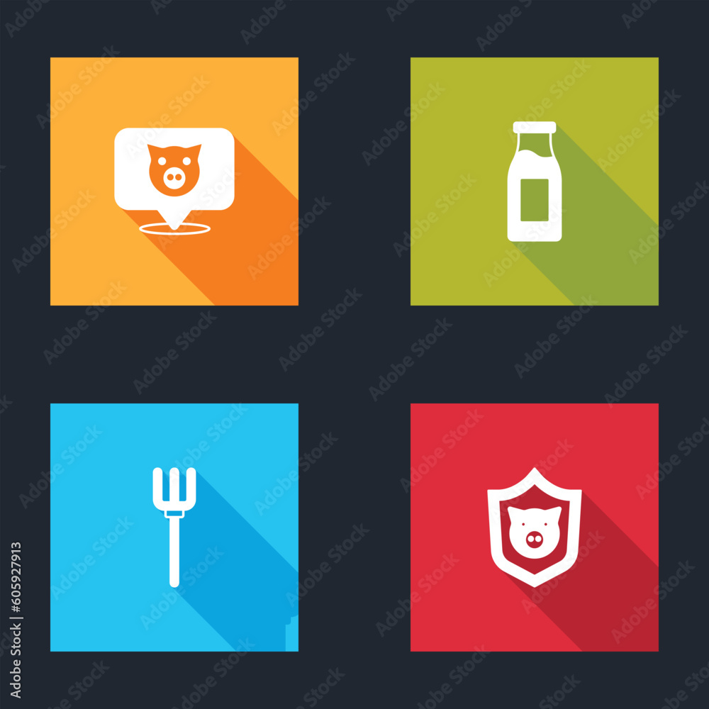 Sticker Set Pig, Bottle with milk, Garden pitchfork and Shield pig icon. Vector