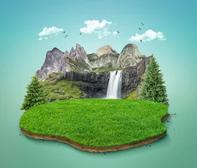 Tuinposter 3d illustration of cut grass ground with landscape. The trees on the island. eco design concept. waterfall. © abdullah