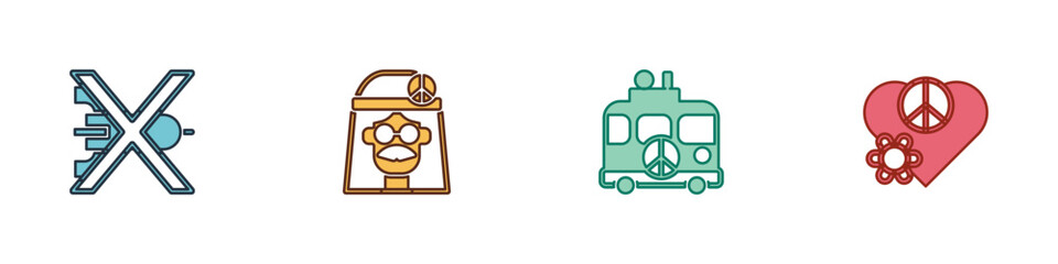 Fototapeta premium Set No war, Hippie girl, camper van and Love peace icon. Vector