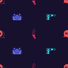 Set Fishing harpoon, Photo camera for diver, Diving knife and Flippers swimming on seamless pattern. Vector