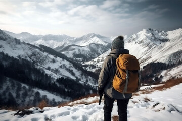 Fototapeta na wymiar Travelling in snowy mountains alone.