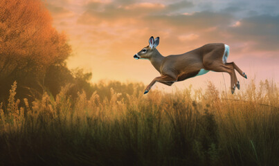 photo of musk deer jumping happily in tall grass at sunset. Generative AI - obrazy, fototapety, plakaty