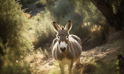 photo of mule on a forest path. Generative AI