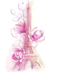 Eiffel bath watercolor drawing with magnolia flowers. Spring watercolor illustration. Flowers and Paris