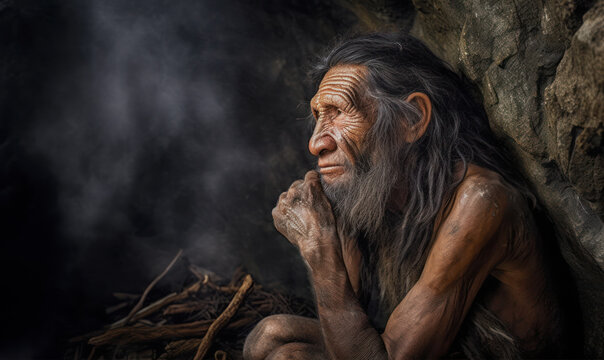 photo of Neanderthal (archaic human) in its natural habitat. Generative AI