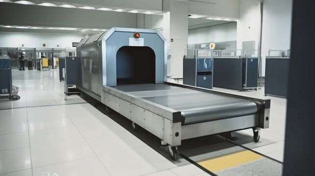 Airport security metal detector scan. Empty scanner control luggage at the terminal. Gate-ray detection with a belt for scanning bags. Check point. Generative AI