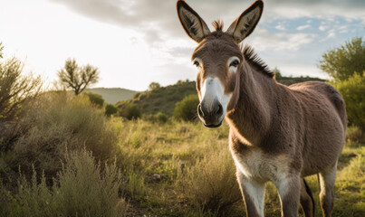 photo of mule standing on a green field. Generative AI
