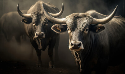 Naklejka premium closeup photo of Murray Grey cattle on dark background. Generative AI