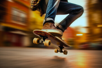 Fototapeta na wymiar patinador joven sobre skateboard dando un salto de velocidad en la calle.