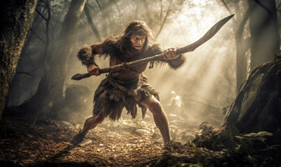 Neanderthal, an archaic human, hunting in a dense, prehistoric mystic forest. The powerful figure is captured mid-stride, brandishing a spear with expert precision. Generative AI - obrazy, fototapety, plakaty