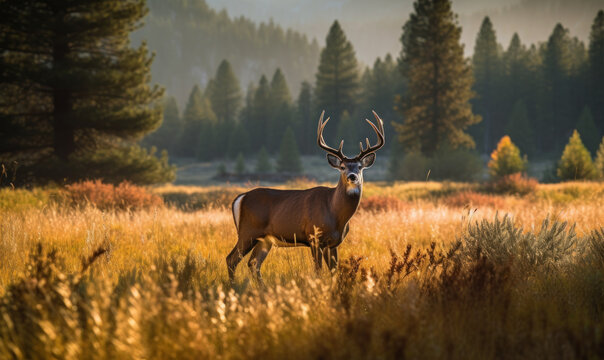 Photo of mule deer in golden hour light of a misty mountain meadow. The animal stands tall, antlers branching out majestically, surrounded by the serene beauty of its natural habitat. Generative AI
