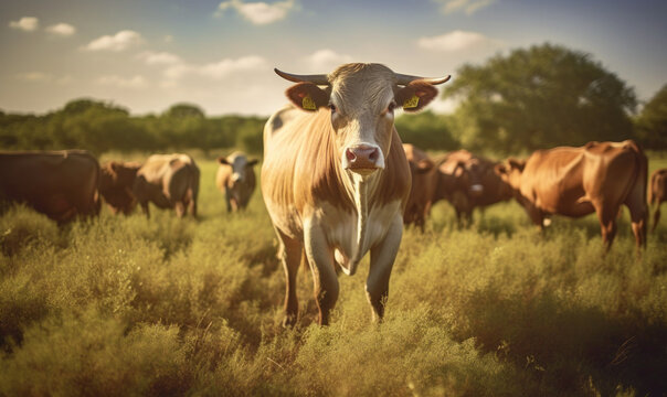 photo of Murray Grey cattle in green grassland. Generative AI