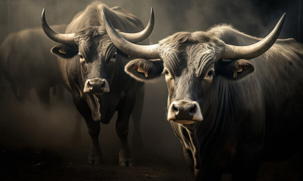 closeup photo of Murray Grey cattle on dark background. Generative AI