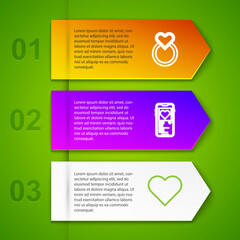 Set line Wedding rings, Mobile with heart, Heart and Bottle love potion. Business infographic template. Vector
