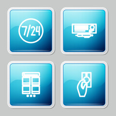 Set line Clock 24 hours, Bank check and pen, Online shopping on mobile and Hand holding money icon. Vector