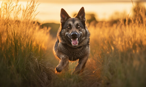 photo of Norwegian elkhound jumping happily in tall grass at sunset. Generative AI