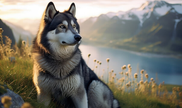 photo of Norwegian elkhound sitting on a green hill with blurry mountains and lake in the background. Generative AI