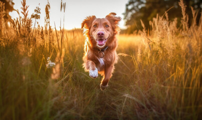 photo of Nova Scotia duck tolling retriever jumping happily in tall grass at sunset. Generative AI