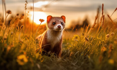 Photo of mustelid, a sleek and agile ferret, captured in a moment of playfulness as it bounds across a verdant meadow in soft, warm light of the setting golden hour sun. Generative AI - obrazy, fototapety, plakaty