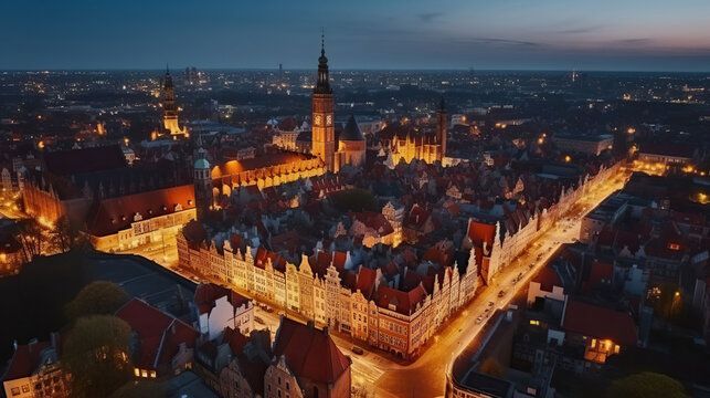 Aerial view of the beautiful main city in Gdansk at dusk, Generative AI