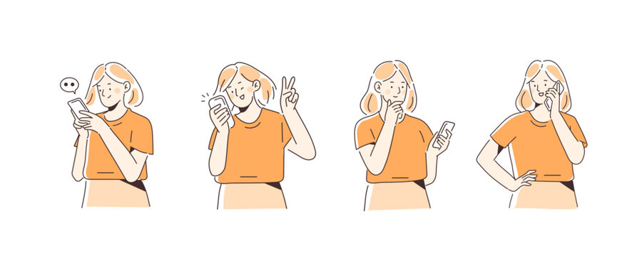Character concept illustration set. Holding smartphone girl thinking, talking, chatting and making selfie photo. Woman using hand gestures. Vector illustration.