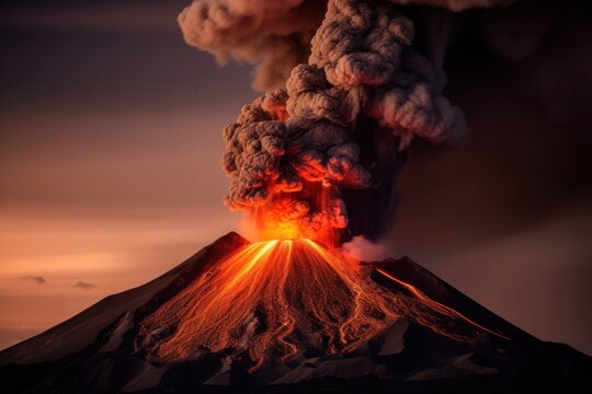 Erupting vulcano with melting lava and a cloud of black ash smoke. geology. tectonic movements. magma, the focus of an earthquake. High quality photo