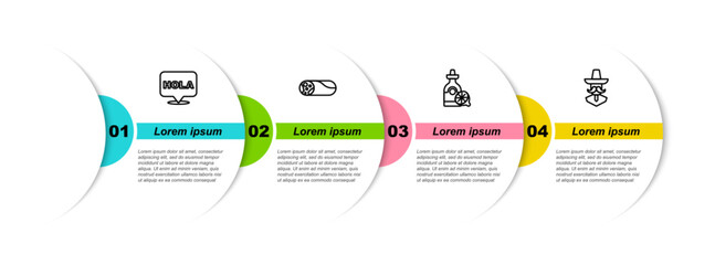 Set line Hola, Burrito, Tequila bottle with lemon and Mexican man sombrero. Business infographic template. Vector © vector_v