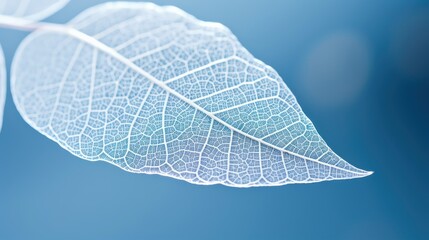 Beautiful white skeletonized leaf on light blue background with round bokeh. Expressive artistic image of beauty and purity of nature