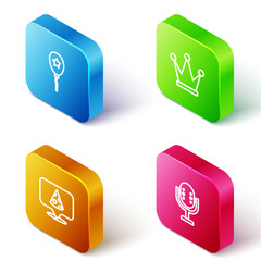 Fototapeta premium Set Isometric line Balloon with ribbon, Crown, Slice of pizza and Microphone icon. Vector