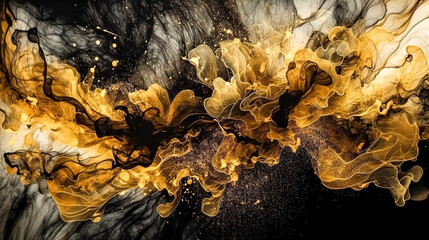 Abstract black and golden background, texture of spreading paint, generative AI.