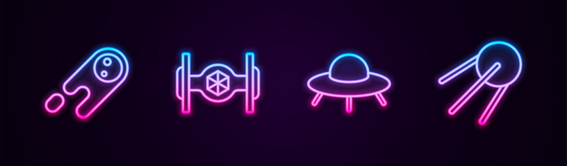 Set line Comet falling down fast, Cosmic ship, UFO flying spaceship and Satellite. Glowing neon icon. Vector © vector_v